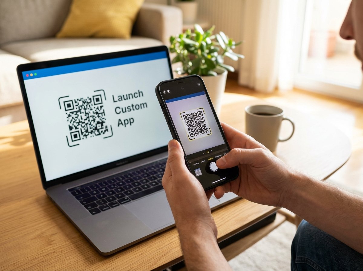 A close up shot of a person holding an iPhone and scanning a QR code displayed on a laptop screen to launch a custom mobile app, natural lighting, indoor setting, realistic lifestyle photography, 4:3
