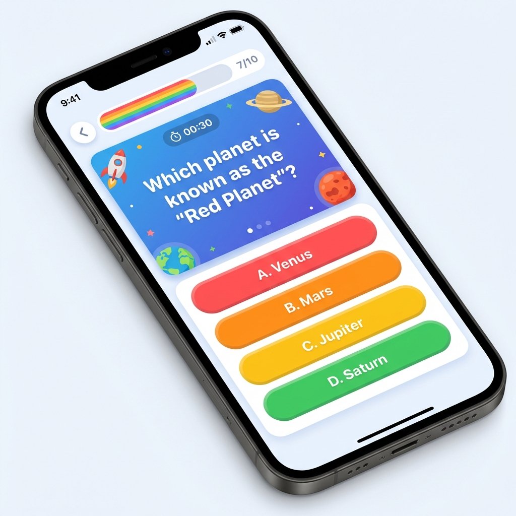 A smartphone screen showing a colorful trivia game app interface with multiple choice buttons and a progress bar, clean mobile UI design, vibrant colors, 1:1