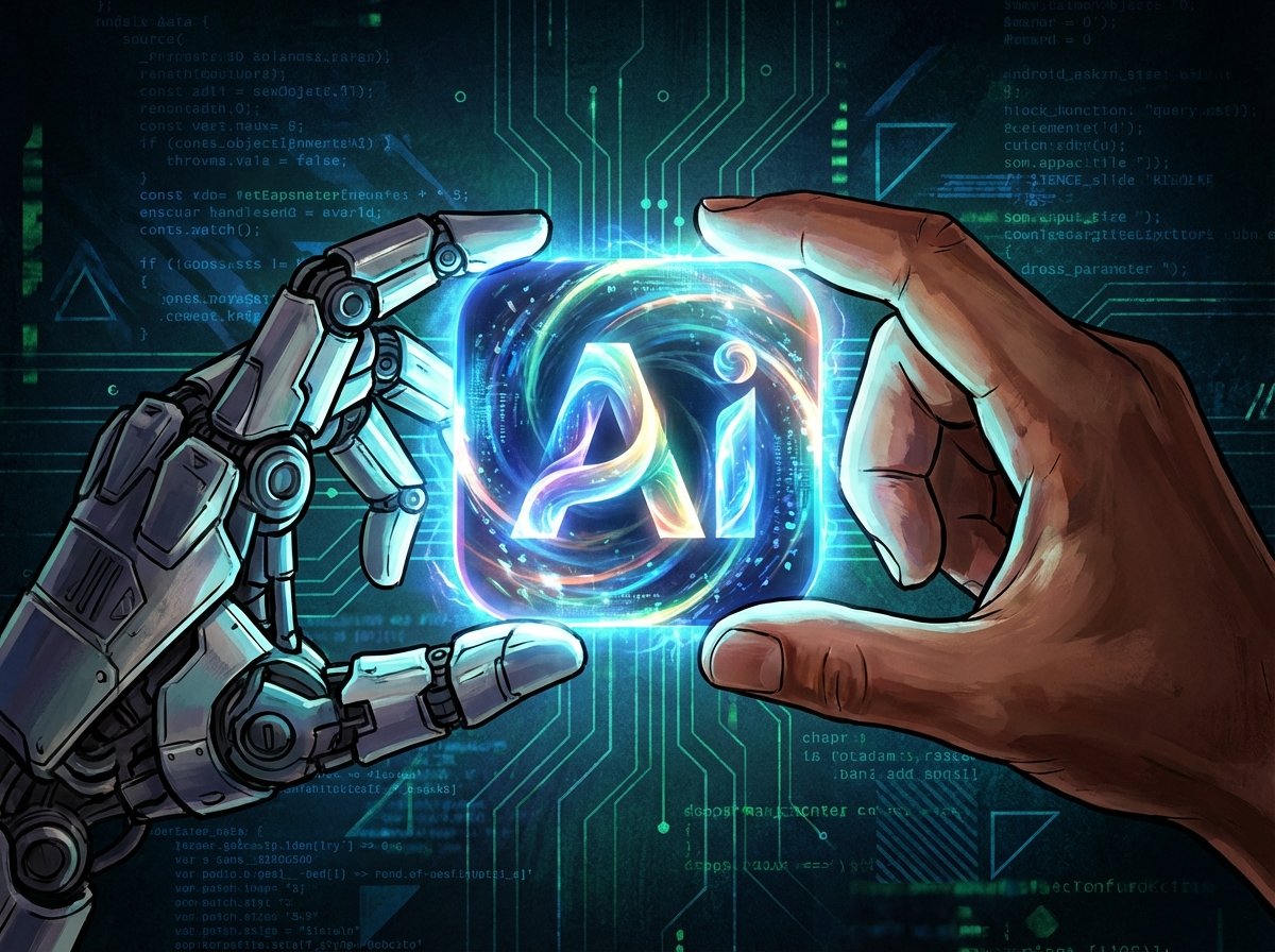 An artistic illustration of a human hand and a robotic hand working together to assemble a glowing app icon, dark background with subtle code patterns, high contrast, cinematic lighting, 4:3