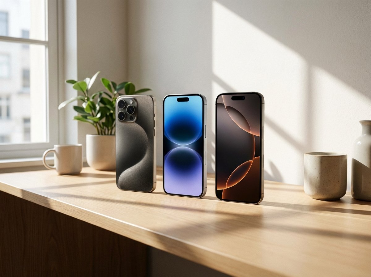A line of modern smartphones from iPhone 15 Pro to iPhone 17 on a clean minimalist desk, lifestyle photography, natural morning light, 4:3 aspect ratio, no visible text