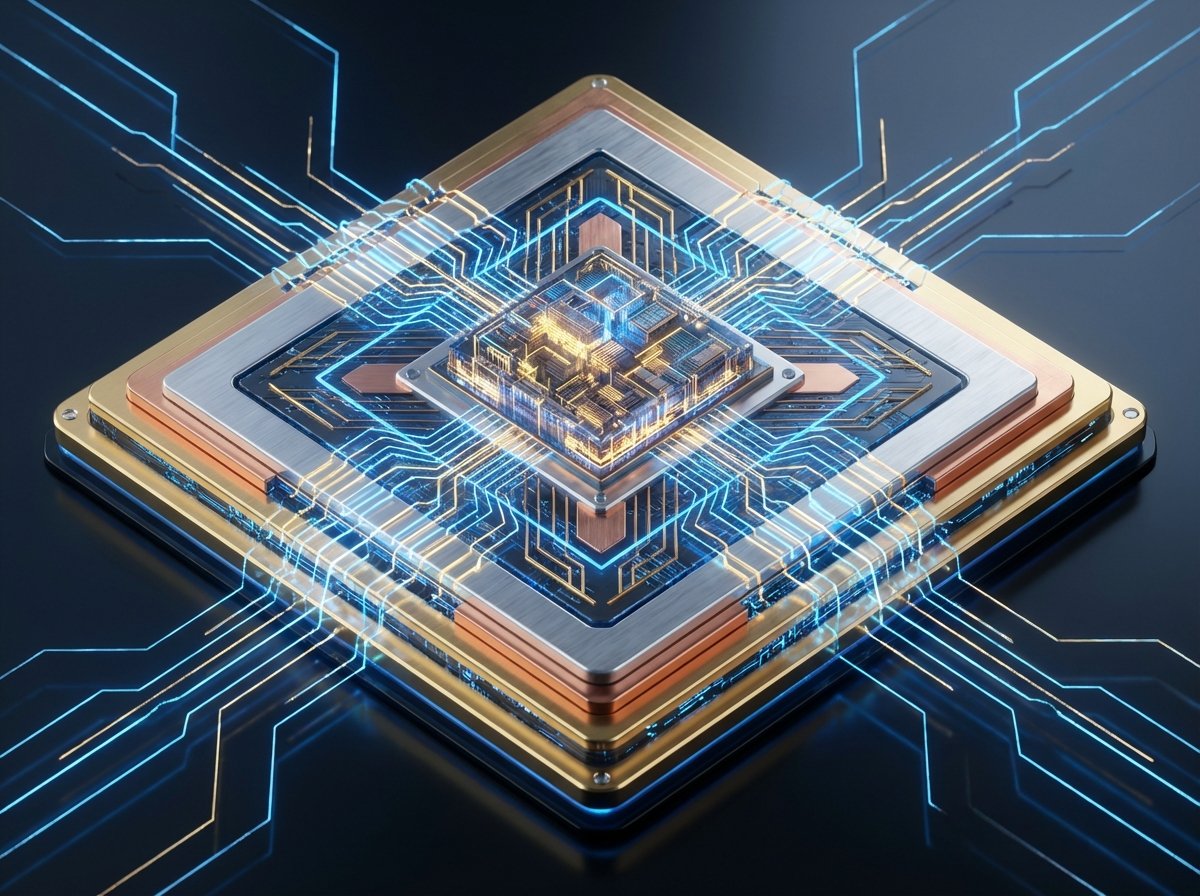 Stylized 3D rendering of a powerful smartphone processor chip, glowing circuits, metallic textures, professional high-tech look, 4:3 aspect ratio, no visible text