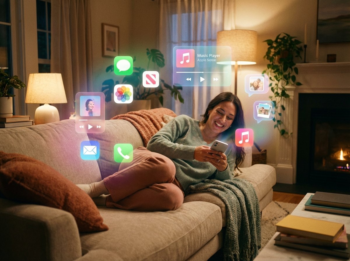 A person using a smartphone comfortably on a sofa, vibrant UI elements floating nearby, happy and relaxed expression, warm indoor lighting, 4:3 aspect ratio, no visible text