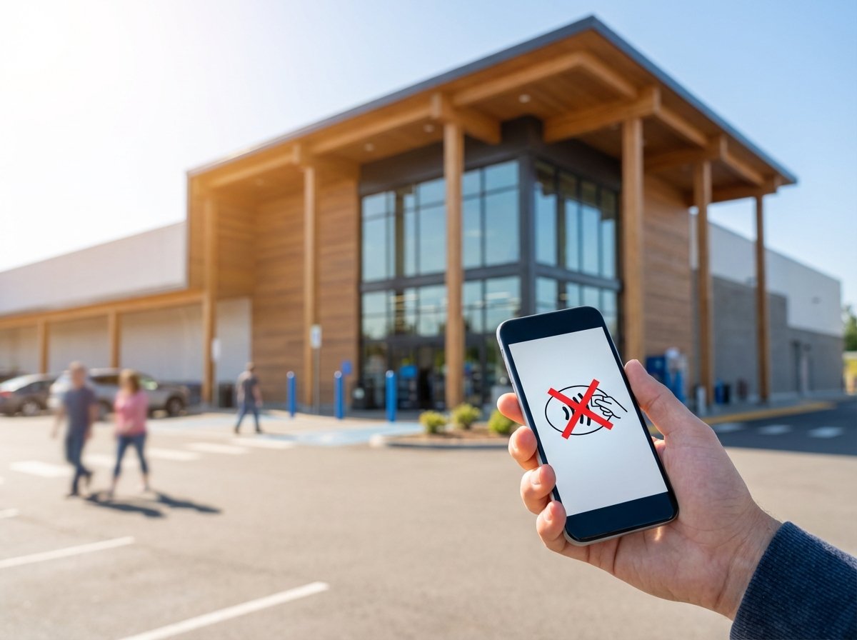 Modern Walmart storefront exterior, a person holding a smartphone with a rejected contactless payment icon in the foreground, bright daylight, professional photography, 4:3, no visible text