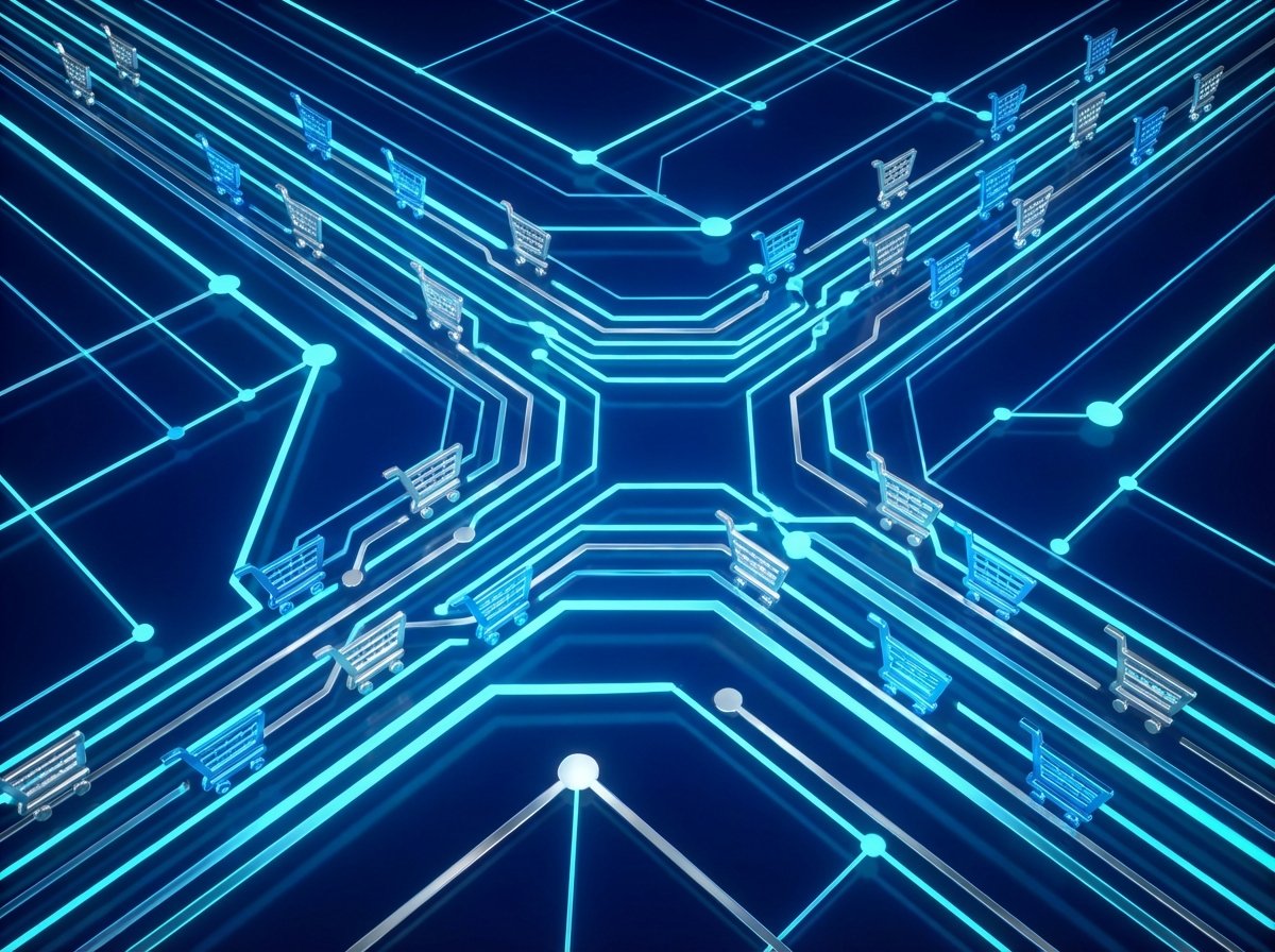 Abstract digital network visualization with shopping cart icons representing data flow and consumer patterns, blue and silver color palette, high contrast, 4:3, no visible text