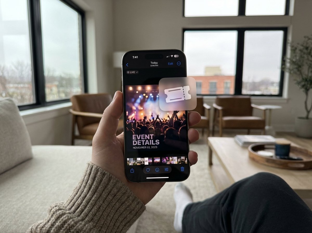 A high-quality lifestyle photo of a person holding an iPhone 16 Pro, displaying the Apple Photos app with a concert photo that has a digital overlay showing a ticket icon and event details, soft natural lighting in a modern living room, 4:3 aspect ratio, no visible text