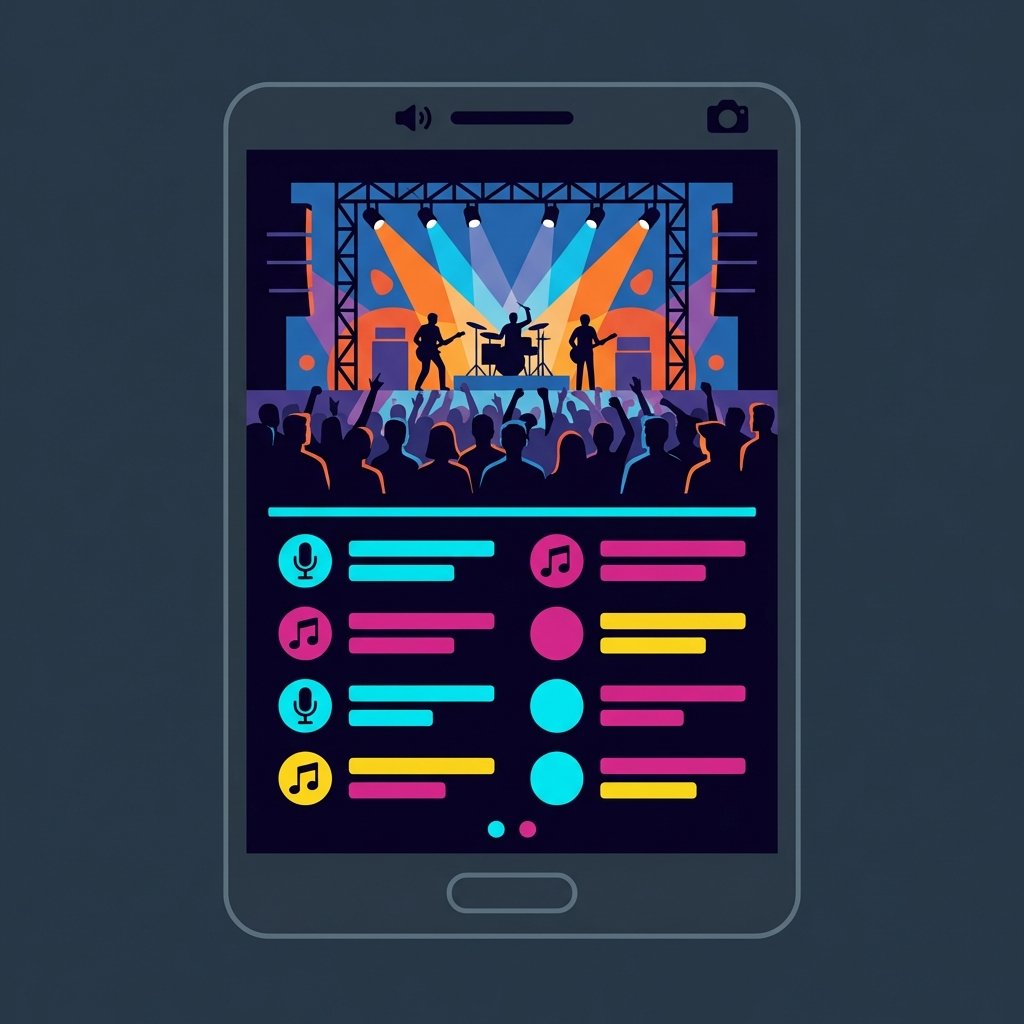 A clean infographic style illustration of a smartphone screen showing a concert photo on top and a music setlist with artist names and song titles below, high contrast, modern design, 1:1 aspect ratio, no visible text