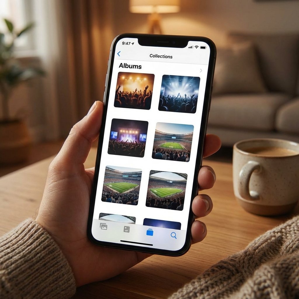 A close up shot of an iPhone screen showing the Photos app Collections tab, where photo albums are automatically named after famous concert names and sports stadiums, lifestyle setting, warm lighting, 1:1 aspect ratio, no visible text