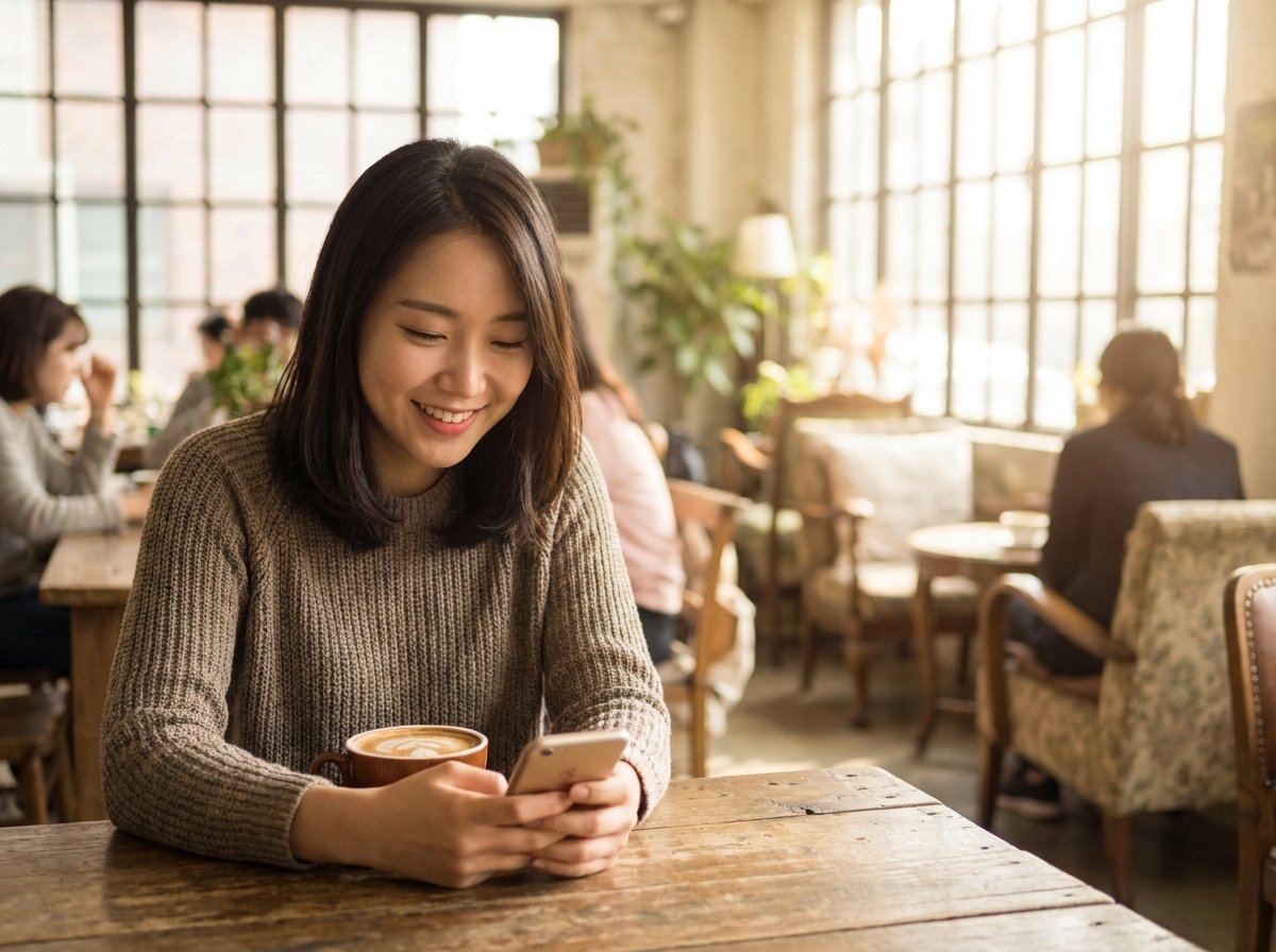 A young Korean person sitting in a stylish cafe, smiling while looking at their iPhone screen, a cup of coffee on the table, natural sunlight, soft focus background, realistic photography, 4:3 aspect ratio, no visible text