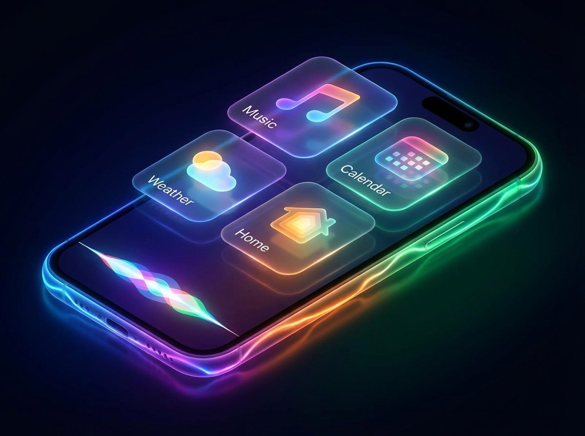 A conceptual UI of Siri on an iPhone with colorful glowing edges and proactive suggestion cards floating, high-tech interface design, 4:3, no text