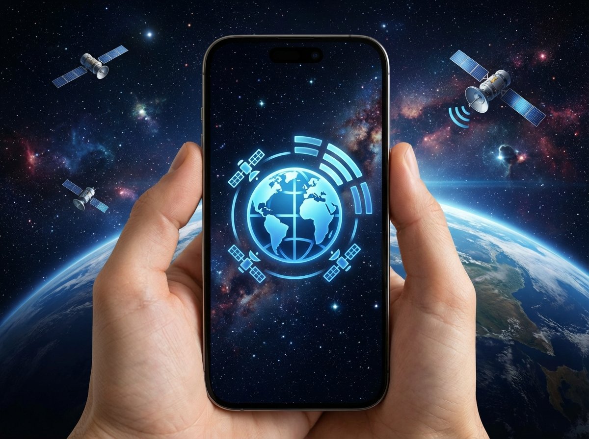 An iPhone screen showing a satellite connection signal icon with a globe and satellites in space background, realistic 3D rendering, 4:3, no text