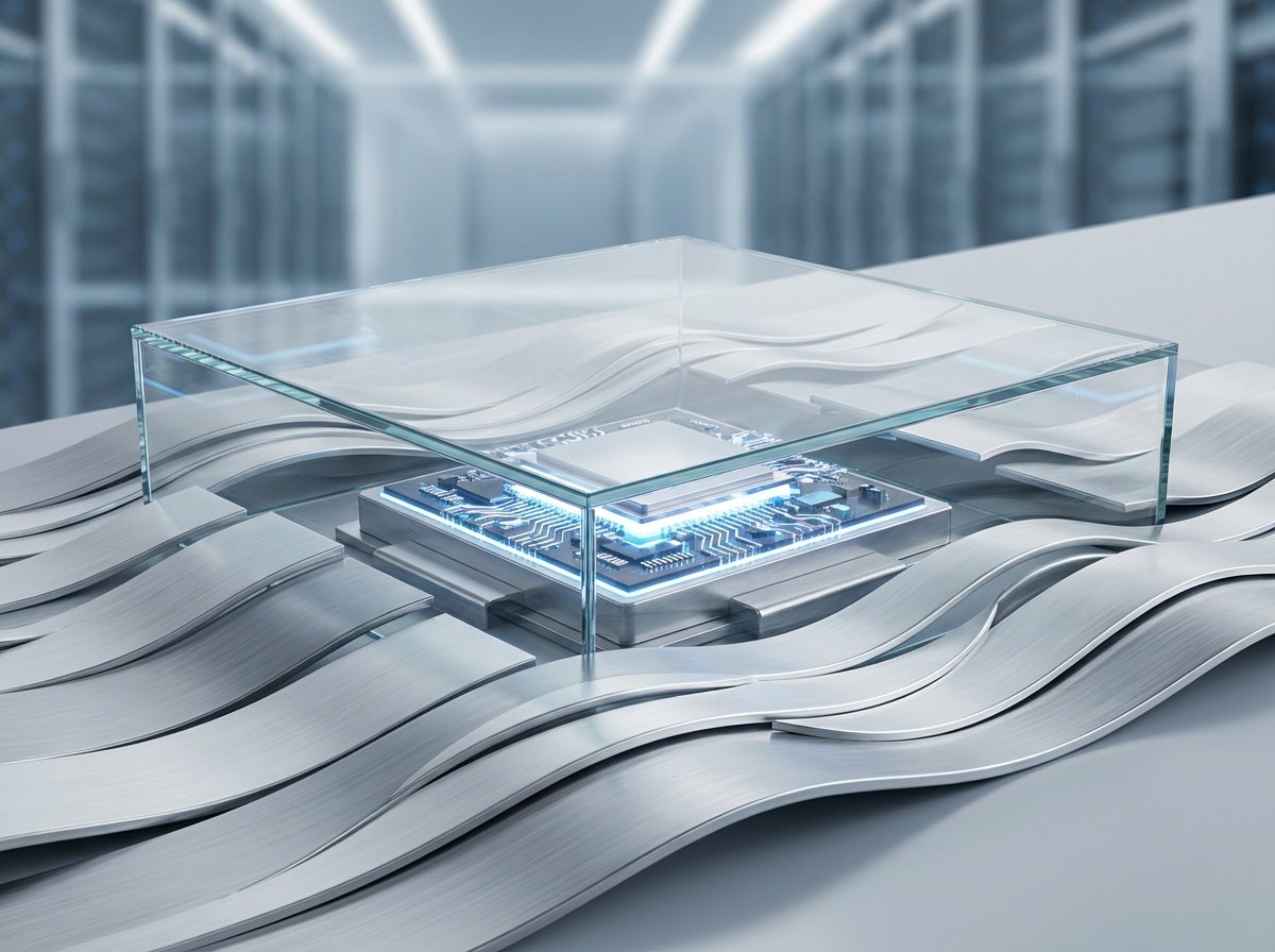 A symbolic representation of fluid performance with smooth metallic waves and a fast processor chip visible through glass, clean tech layout, 4:3, no text