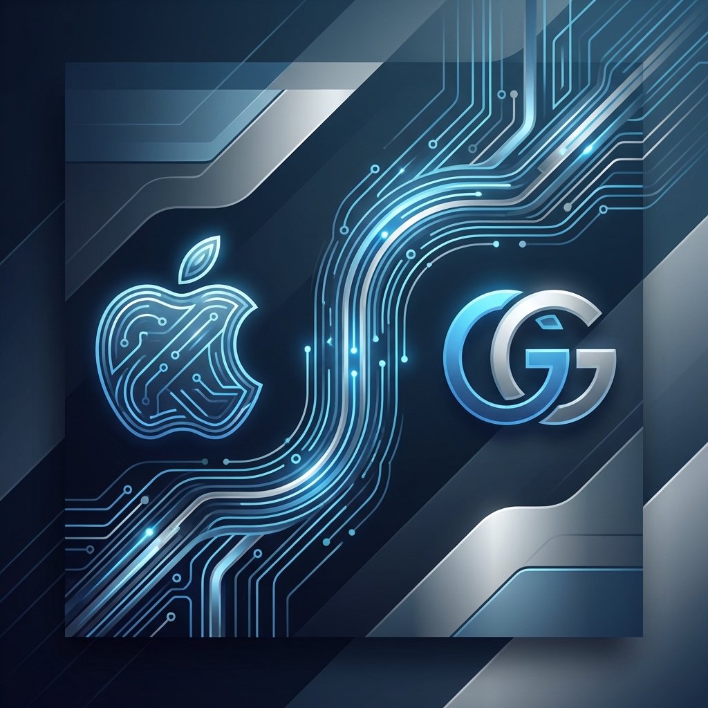 A modern and sleek conceptual illustration of the Apple logo and Google Gemini logo merging through digital energy lines, high contrast, blue and silver color palette, 1:1, no text