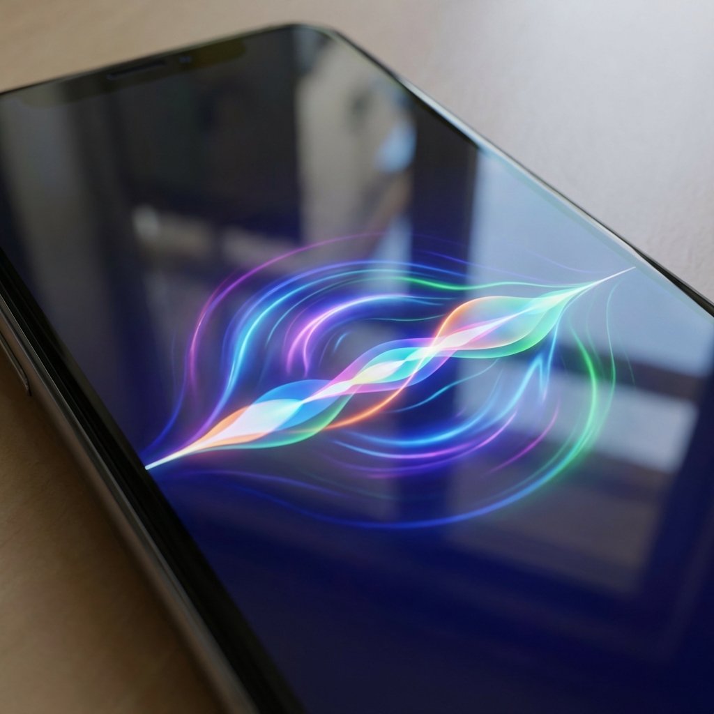 Close-up of an iPhone screen displaying a vibrant and glowing Siri interface with colorful wave patterns, high-tech aesthetic, realistic lighting, 1:1, no text