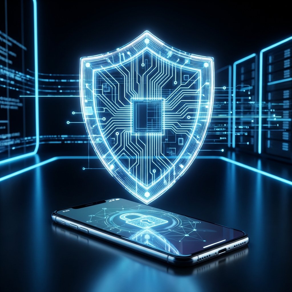 A glowing digital shield icon made of light circuits protecting a smartphone, dark background with blue glowing highlights, professional 3D rendering, 1:1, no text