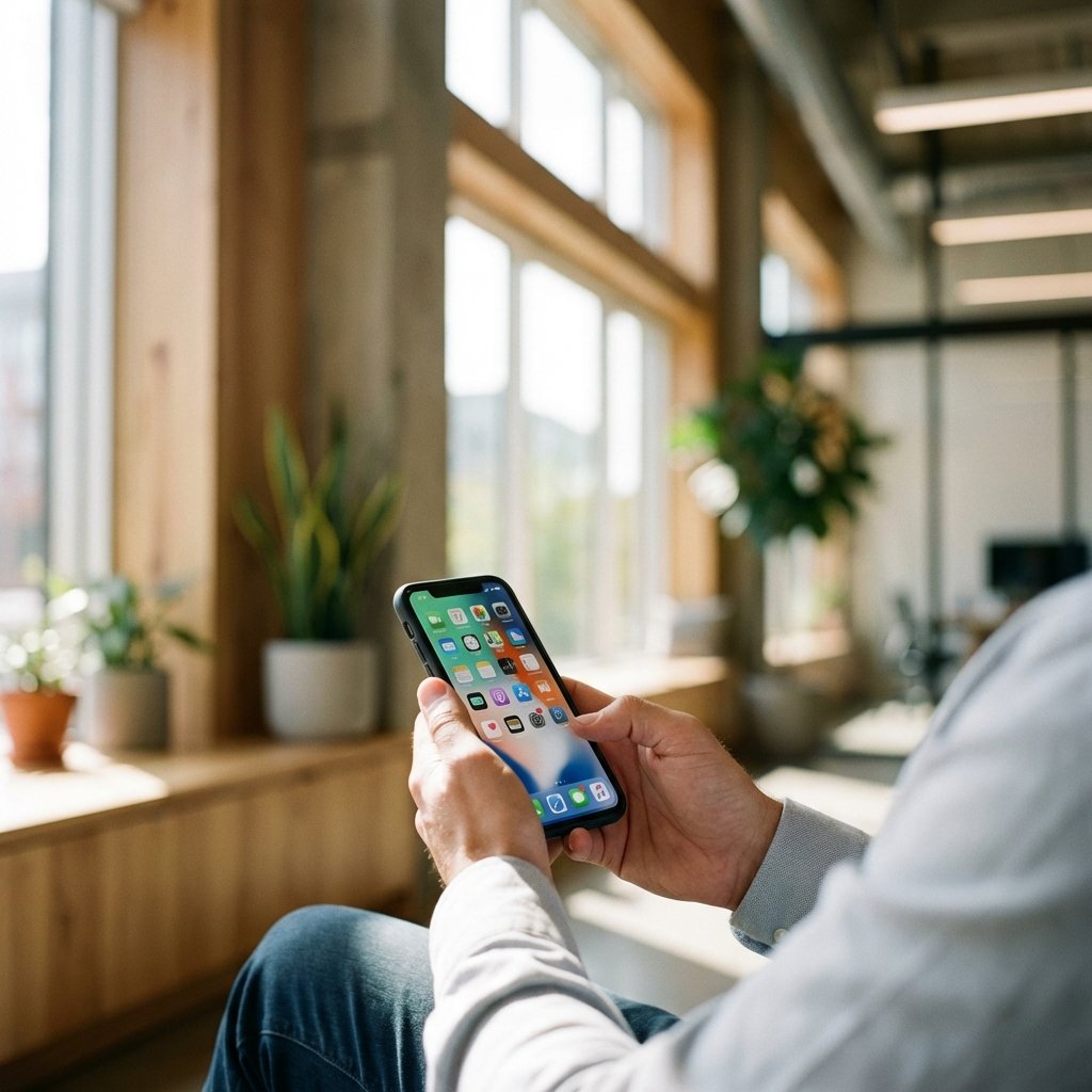 A professional person using an iPhone comfortably in a modern, bright office setting, focus on the device, soft natural lighting, high resolution photography, 1:1, no text