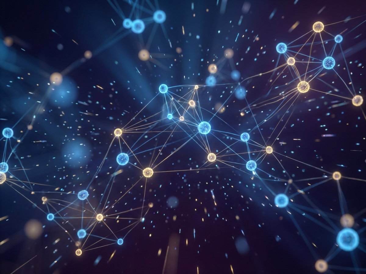 Abstract digital background with floating neural network nodes and glowing light particles, futuristic and clean aesthetic, sophisticated composition, 4:3, no text