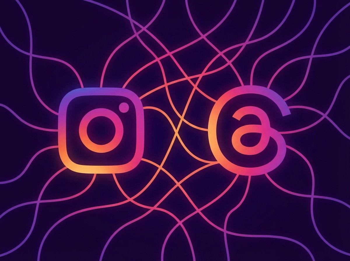 A creative illustration showing the Instagram logo and Threads logo connected by glowing lines. Modern flat design, gradient colors of purple, pink and orange. Clean composition, 4:3 aspect ratio, no text.