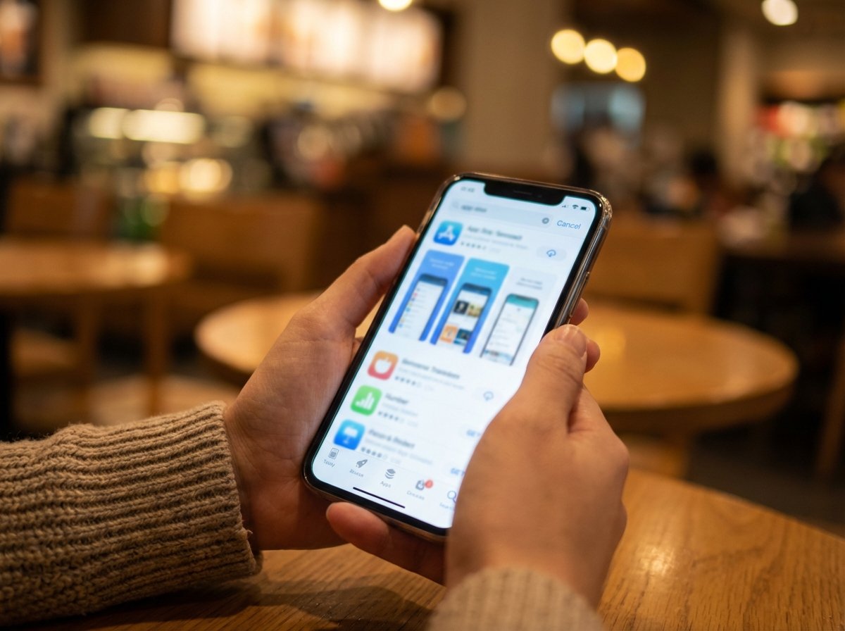 Realistic shot of a person holding an iPhone, browsing the App Store search results page. Focus on the screen, warm lighting, lifestyle photography, 4:3 aspect ratio, no text or icons.