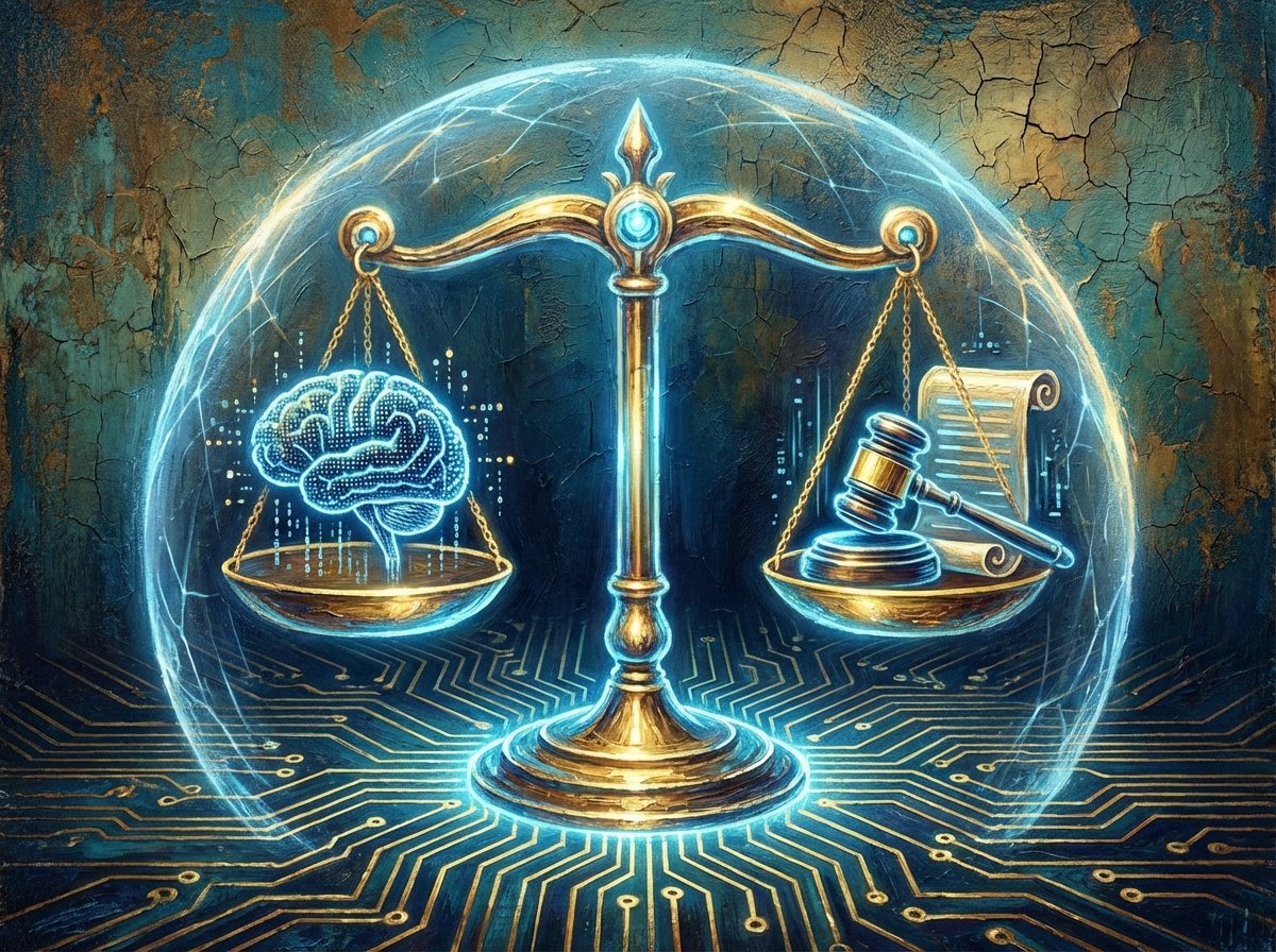 An artistic conceptual illustration representing AI ethics, digital law, and protection. A glowing digital scale over a circuit board pattern. Deep blue and gold tones, textured background, 4:3 aspect ratio, no text.
