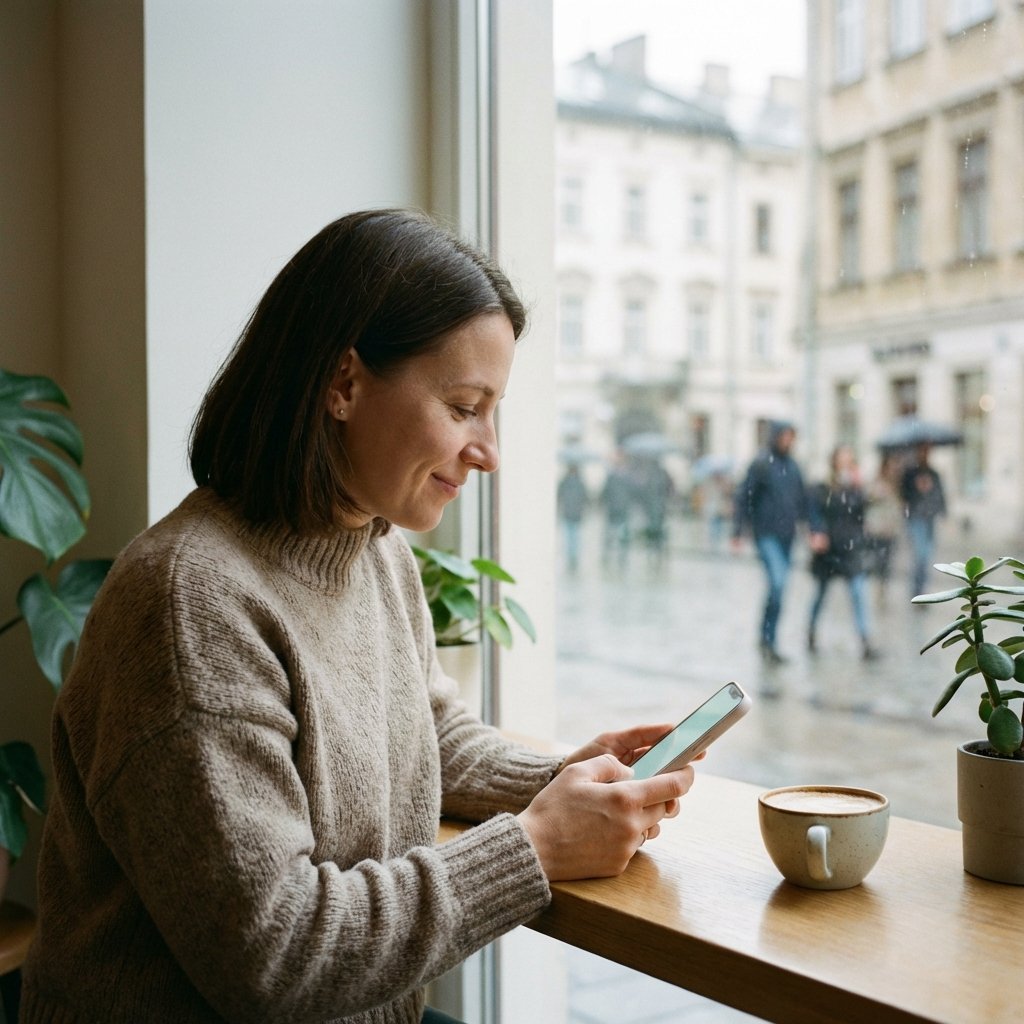 A lifestyle photograph of a person sitting in a modern cafe, comfortably using a smartphone. Natural window light, blurred background of a street, calm atmosphere, 1:1 aspect ratio, no visible text on phone screen.