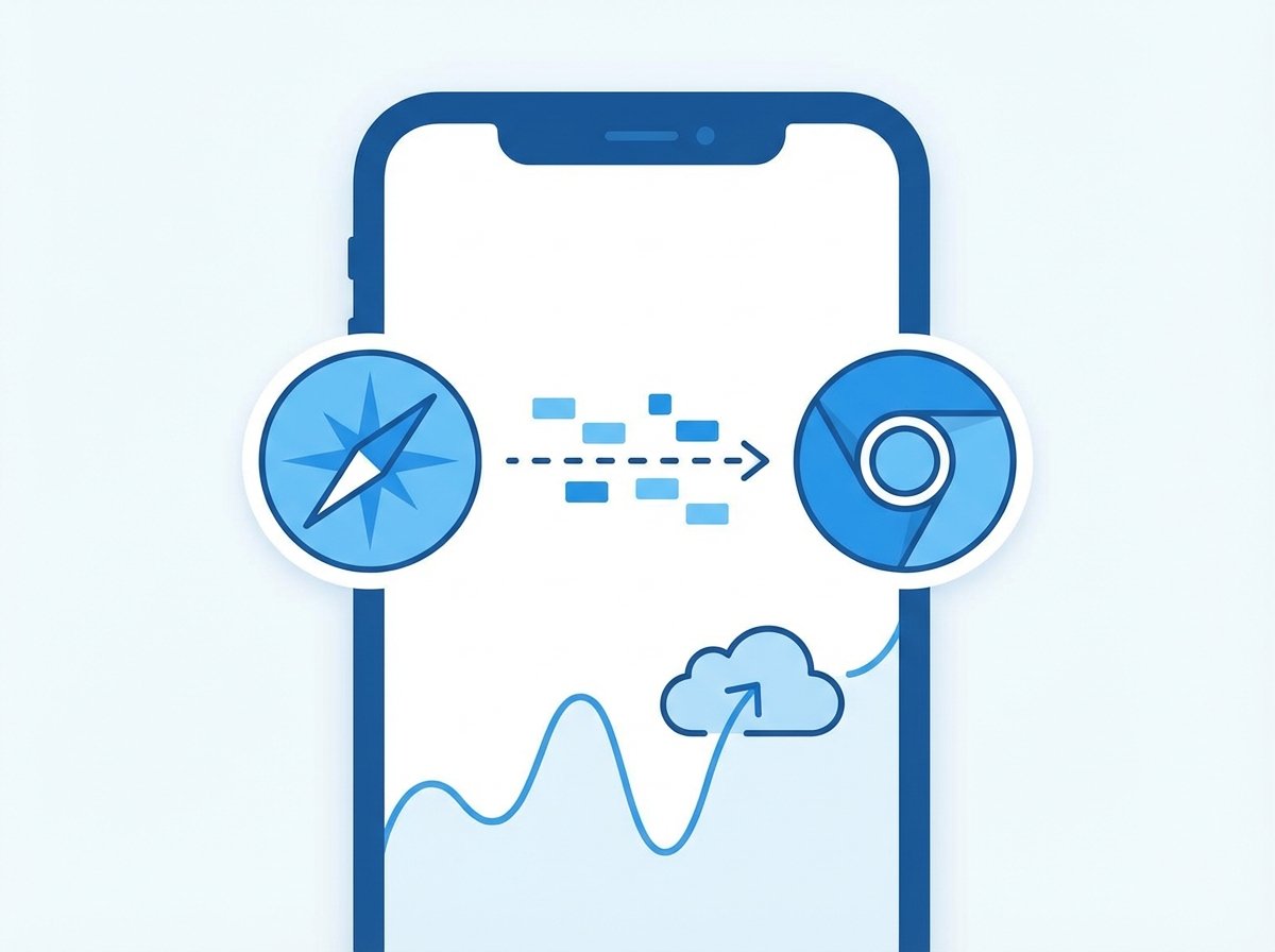 A clean infographic showing a data transfer between Safari and Google Chrome on an iPhone screen, modern flat design, blue and white color scheme, aspect ratio 4:3, no text