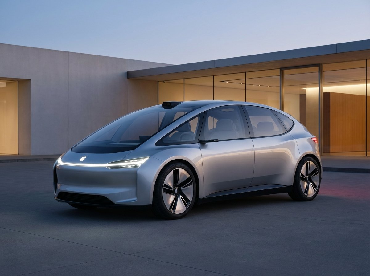 A futuristic concept car with Apple aesthetic, minimalist design, sleek metallic body, smooth curves, glowing headlights, autonomous driving sensors visible, high tech atmosphere, 4:3, no text