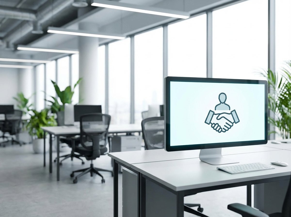 A professional technology office setting, a screen showing a hiring announcement, blurred background of a modern office, bright and clean lighting, 4:3, no text