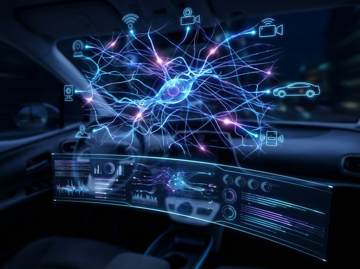 A digital interface of an autonomous driving system, complex neural network visualization, glowing data lines, futuristic software UI, 4:3, no text