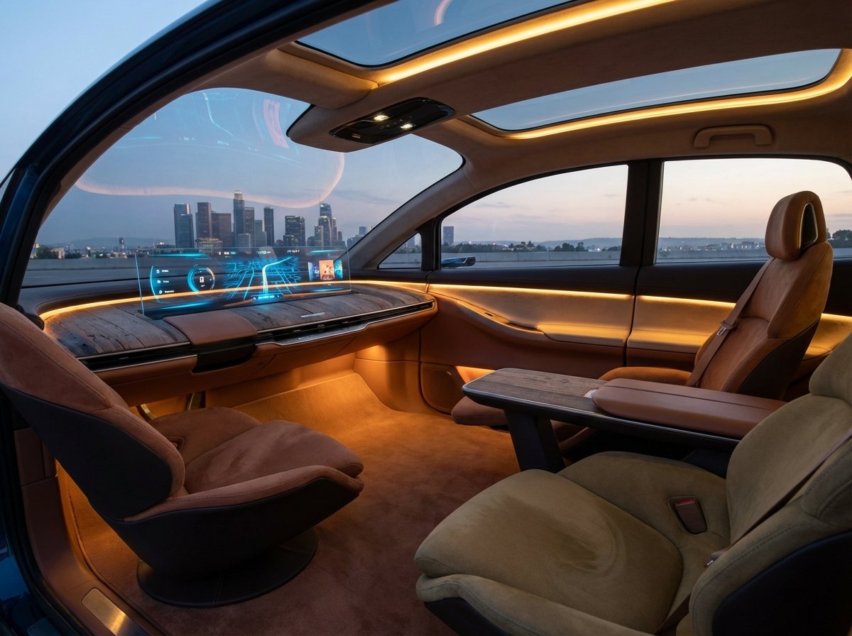 Interior of a luxury autonomous car, large glass windows, minimalist dashboard with holographic display, warm ambient lighting, 4:3, no text