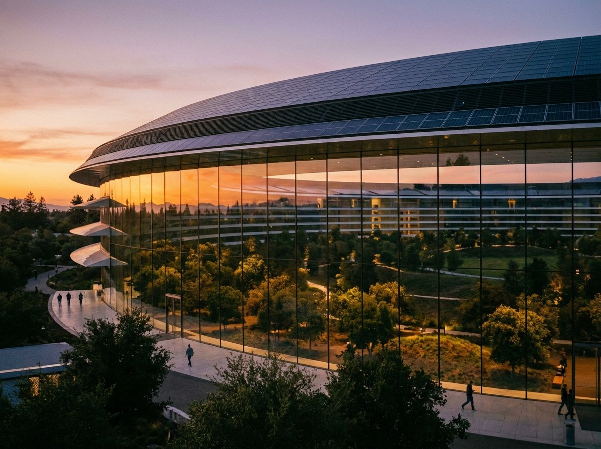 Apple Park building exterior, evening sunset, architectural masterpiece, futuristic corporate campus, 4:3, no text