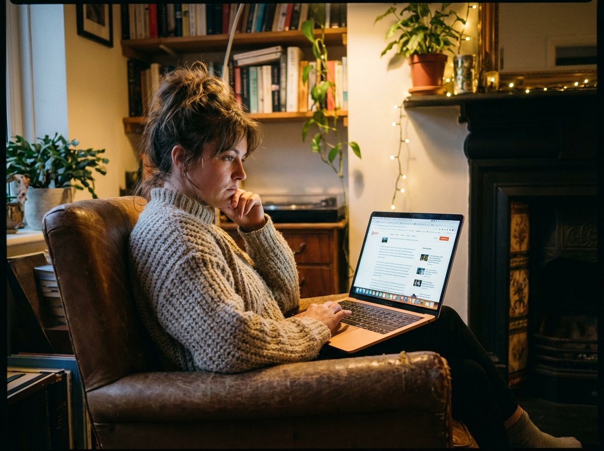 A person sitting in a dimly lit cozy room looking at a glowing laptop screen with a thoughtful expression cozy lifestyle photography 4:3