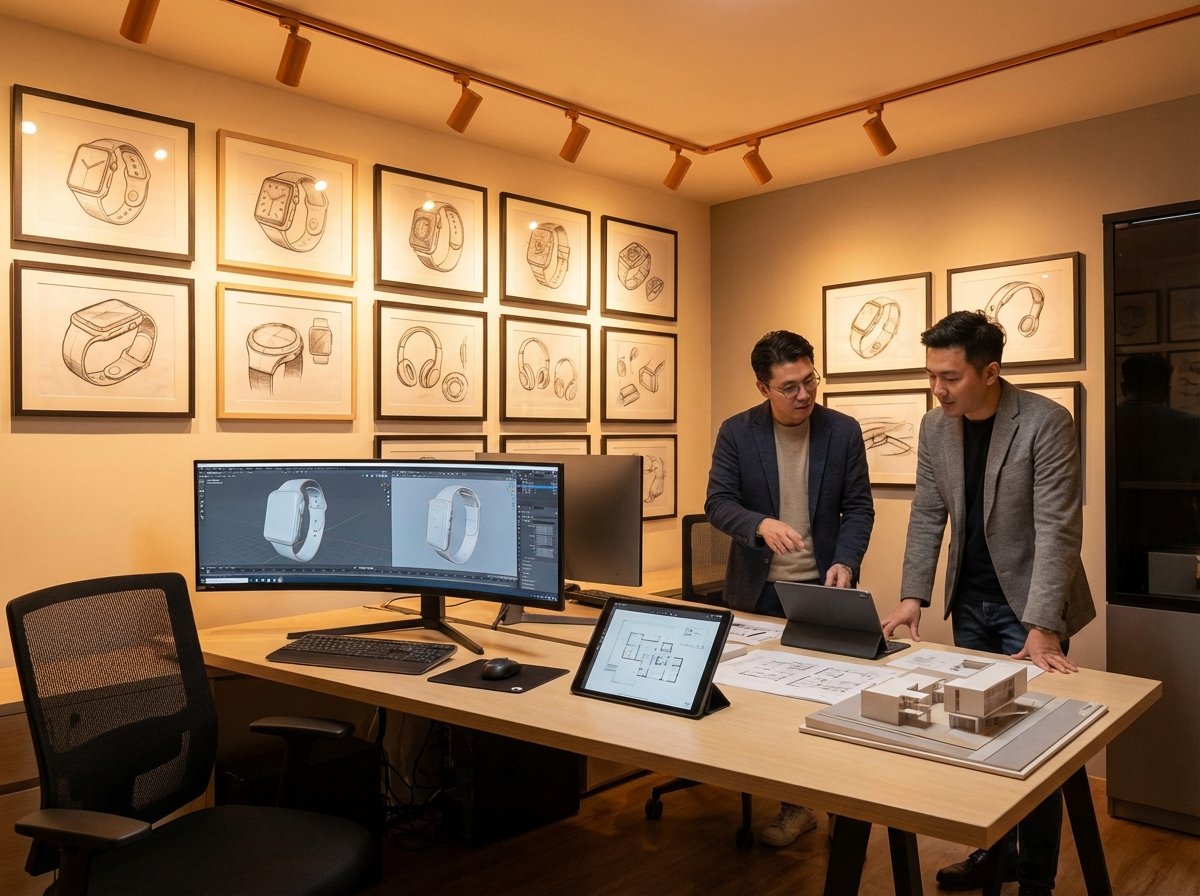 A modern design studio with sketches of sleek gadgets on the wall, a high-end workstation with 3D modeling software, warm lighting, professional atmosphere, 4:3