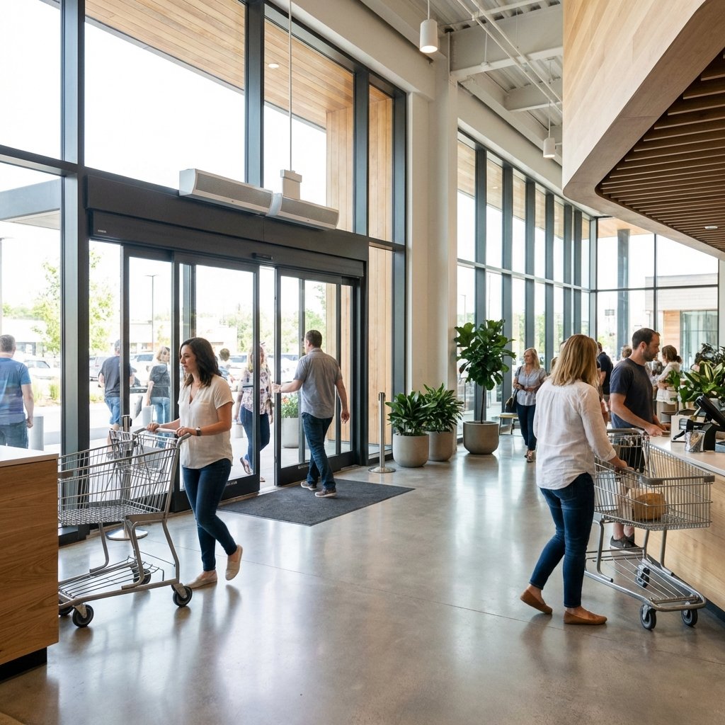 A modern lifestyle photography of a large retail store entrance with shopping carts, bright natural daylight, clean and professional composition, high quality, no text, 1:1