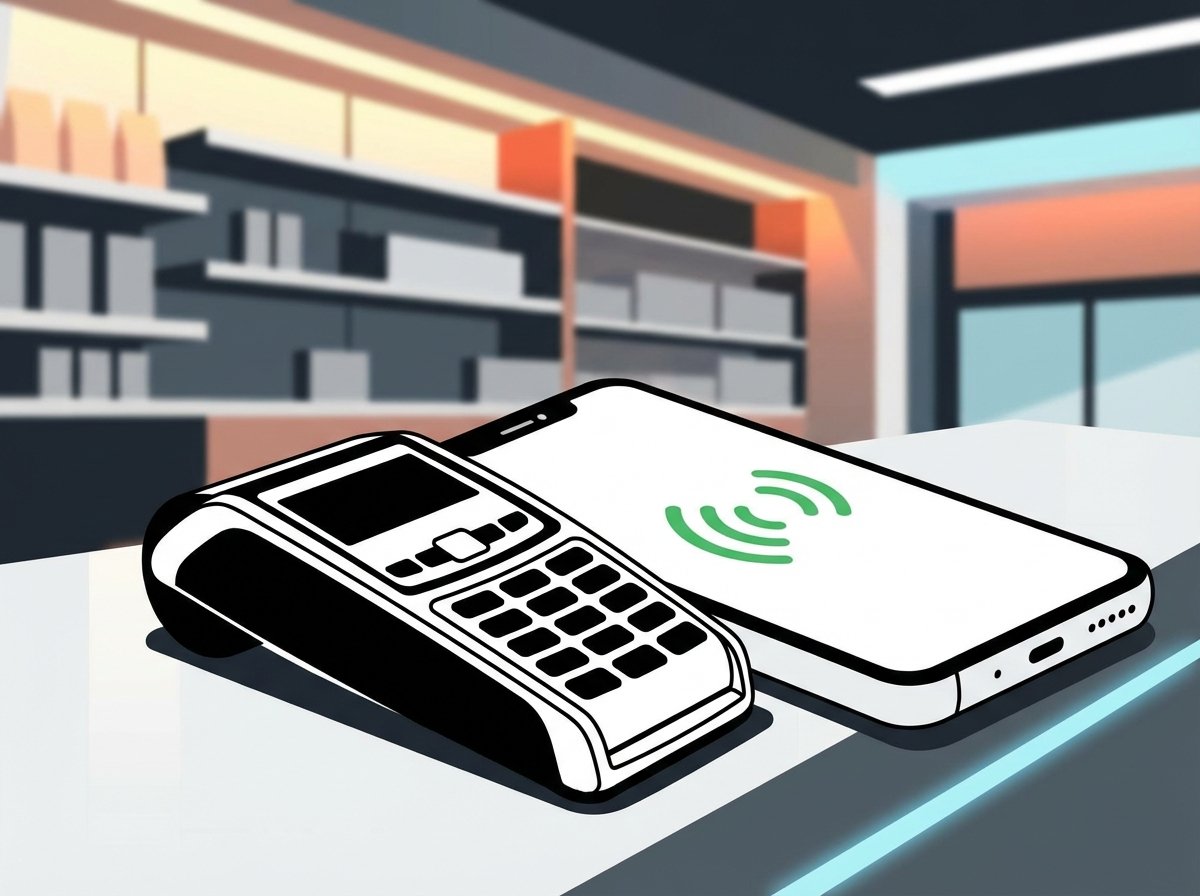 Close-up of a modern store payment terminal with a smartphone nearby, clean infographic style, high contrast, modern retail environment, no text, 4:3