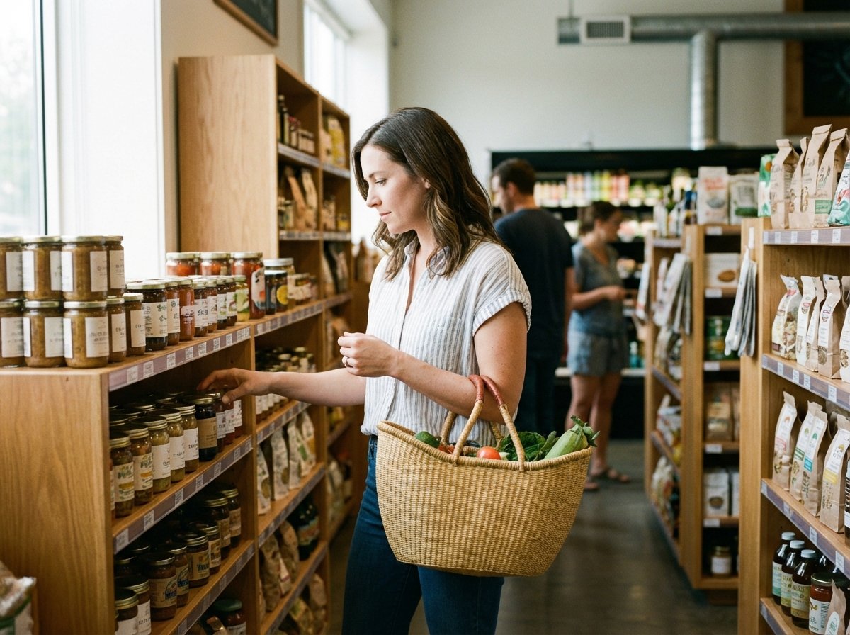 A shopper standing in a store aisle with a basket, looking at shelves, detailed composition, realistic lifestyle photography, soft lighting, no text, 4:3