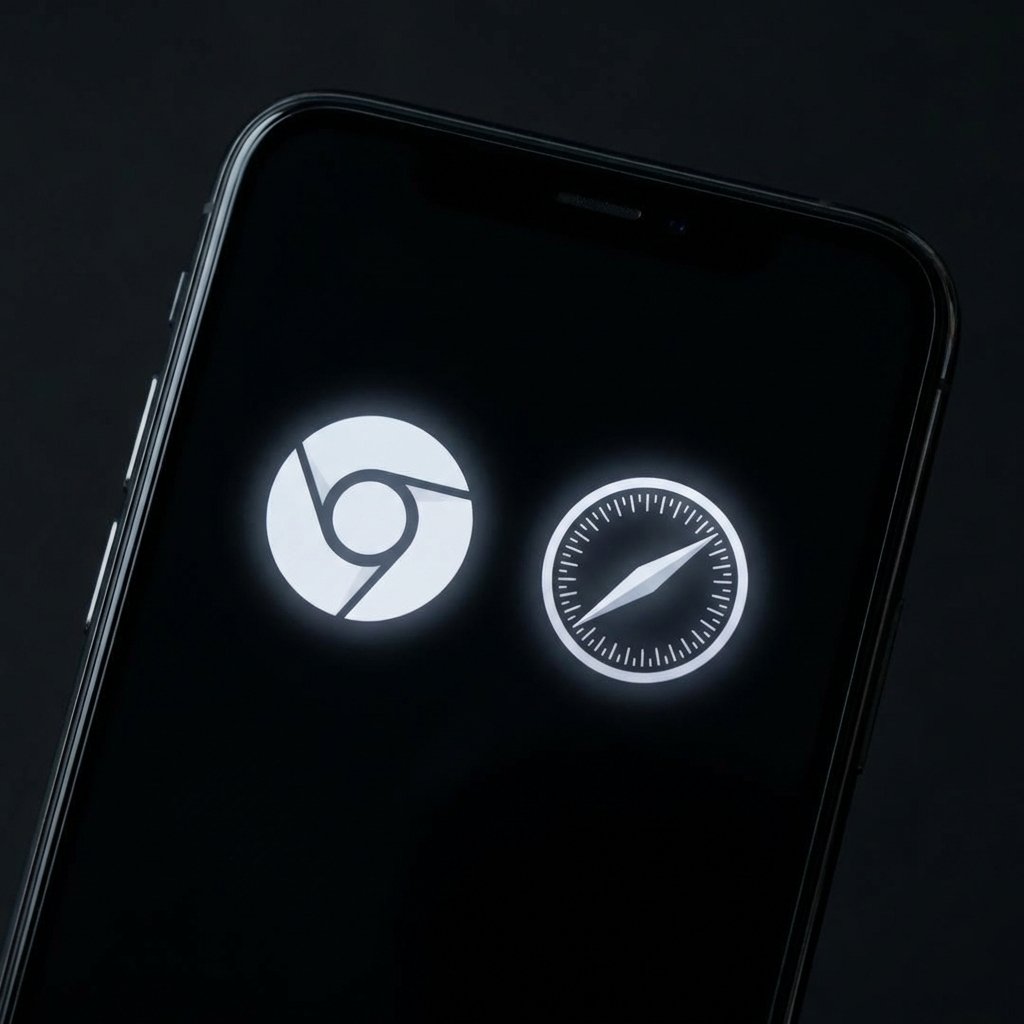 A modern iPhone display showcasing both Google Chrome and Apple Safari icons side by side, sleek digital interface, clean high-contrast background, 1:1