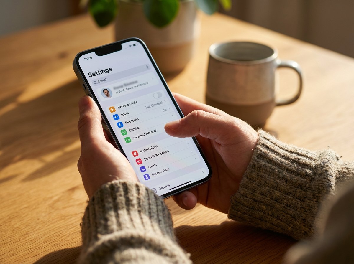 Close-up of a person hands holding an iPhone and navigating through the settings menu, warm natural lighting, lifestyle photography, 4:3