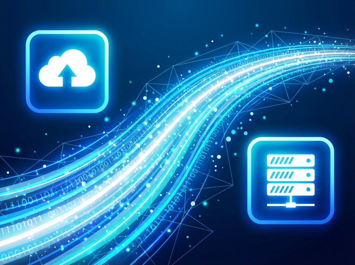 Artistic illustration showing data flow between two app icons, digital stream effect, vibrant blue and white colors, clean modern layout, 4:3