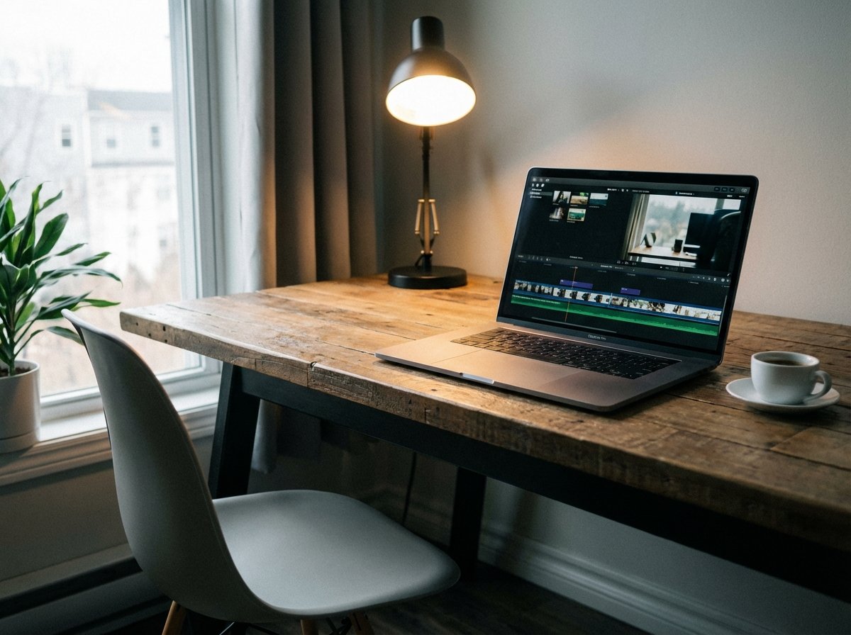 A modern professional workspace featuring a MacBook Pro on a wooden desk. The screen shows a clean video editing interface with timeline and preview windows. Soft cinematic lighting, high quality lifestyle photography, no text. 4:3