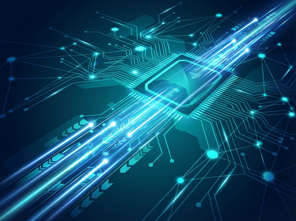 A conceptual high-tech illustration representing speed and data processing. Glowing circuits and fast-moving light beams in a dark blue and teal color palette. Modern and clean infographic style, no text. 4:3