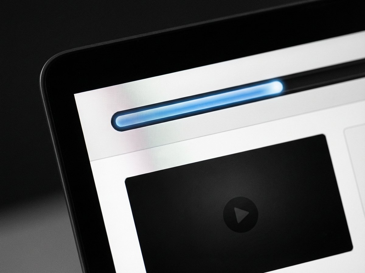 A close-up shot of a sleek software interface showing a progress bar and video thumbnail. The aesthetic is clean and minimalist with a focus on usability. High contrast, modern design, no text. 4:3