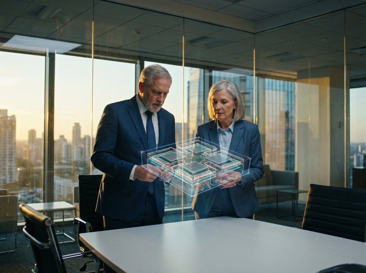 Two business professionals in a modern glass office looking at a holographic 3D semiconductor structure, sunset lighting in the background, professional and serious atmosphere, 4:3