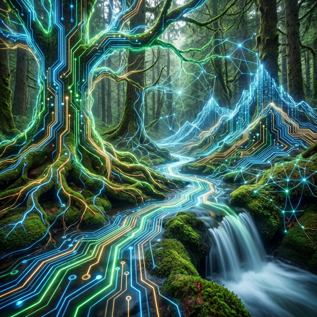 A glowing digital circuit pattern merging with a natural landscape, representing the integration of AI and reality, vivid colors, detailed composition, 1:1