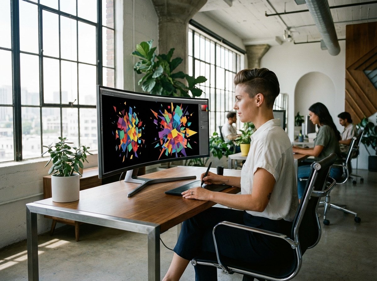 A creative designer working on a sleek workstation with a large monitor showing abstract colorful shapes, natural window lighting, professional office setting, 4:3