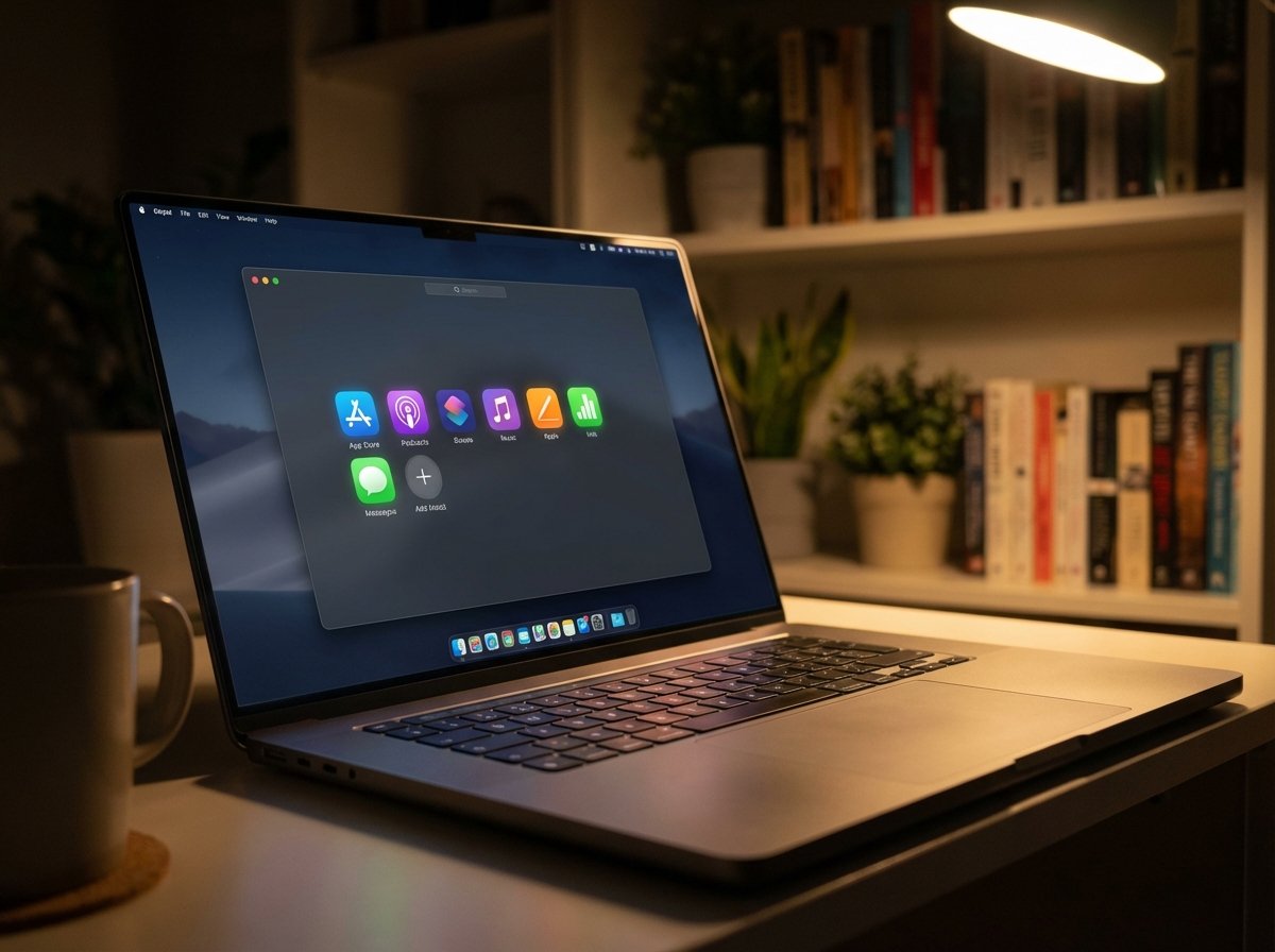 A high-end laptop screen displaying a dark mode operating system with colorful glowing app icons, moody lighting, blurred background, 4:3