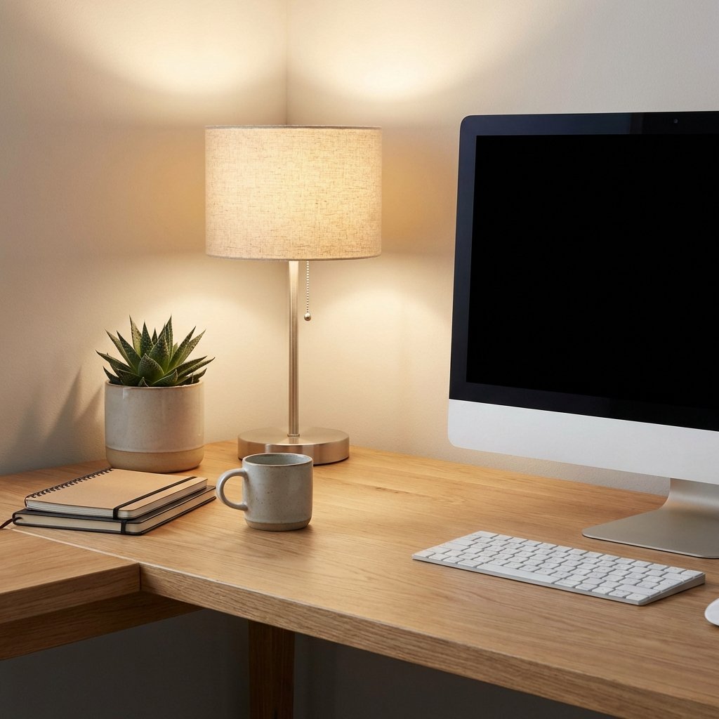 A clean and organized wooden desk with a minimalist computer setup, soft warm lighting, plant on the side, high resolution, professional photography style, 1:1