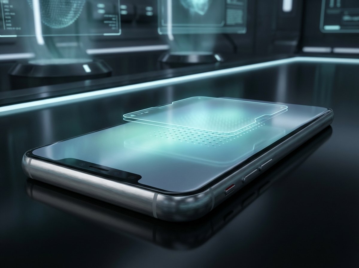 A sleek futuristic smartphone screen showing a faint glow from beneath the glass where sensors are hidden, minimal bezel, modern tech atmosphere, 4:3