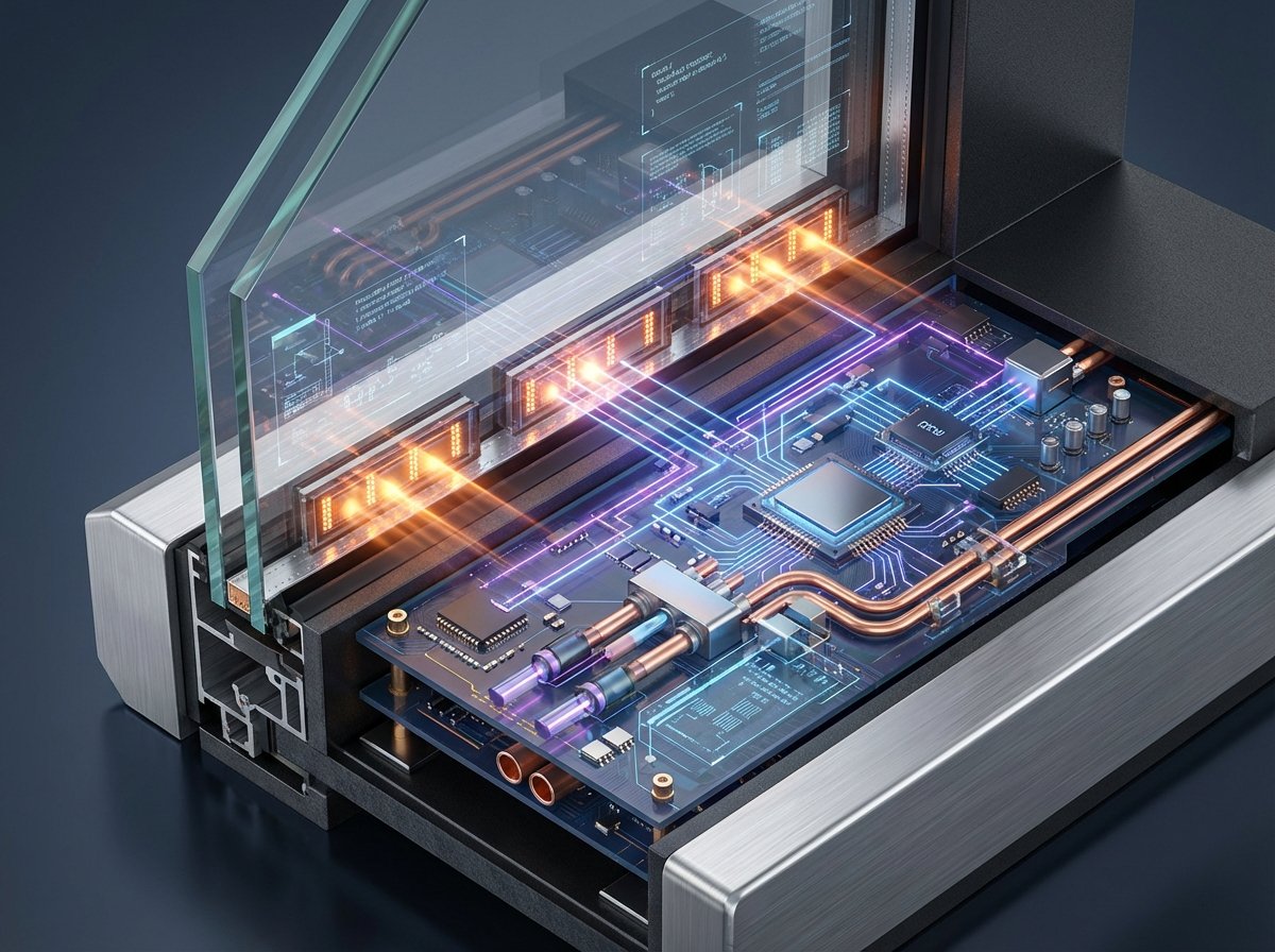 High tech illustration of infrared sensors embedded under a transparent glass layer, glowing light paths, futuristic hardware components, 4:3