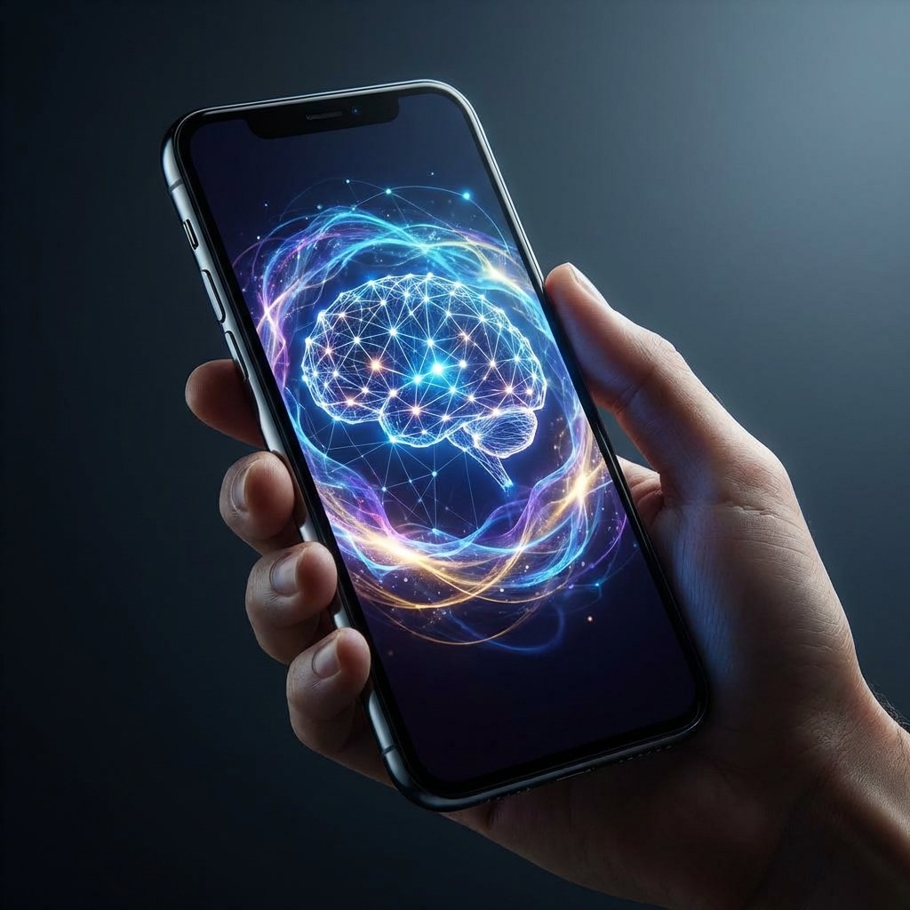 A modern smartphone displaying a glowing neural network and swirling digital energy on the screen, clean and minimal background, high contrast, cinematic lighting, 1:1