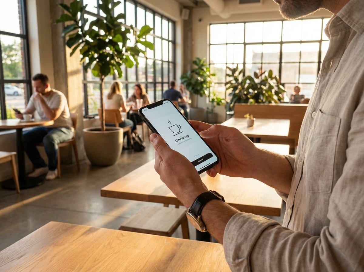A person holding a sleek premium smartphone with an edge to edge display in a modern cafe setting, natural sunlight, lifestyle photography, 4:3